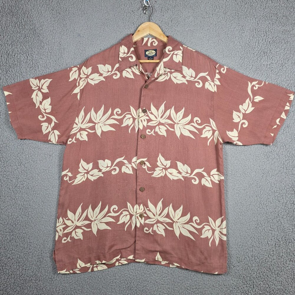 VTG Tommy Bahama Shirt Mens Medium Salmon Linen Floral Hawaiian Beach Old Money